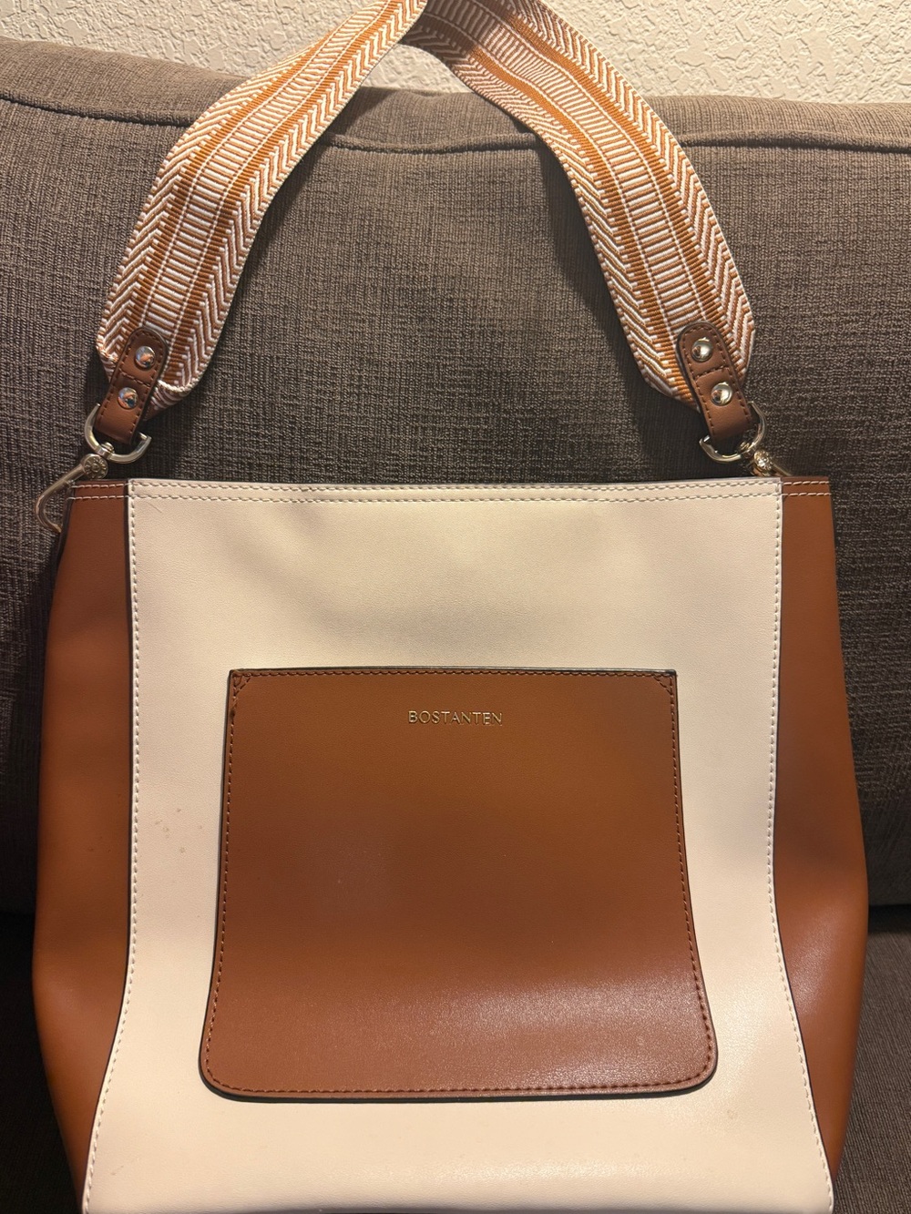 Women's Two-Tone Cream and Saddle Brown Bag by Bostanten. Like new condition